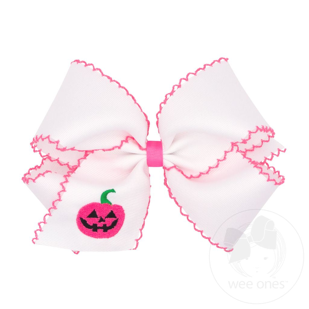 Jack-O-Lantern Embroidery Grosgrain Hair Bow with Moonstitch Edge