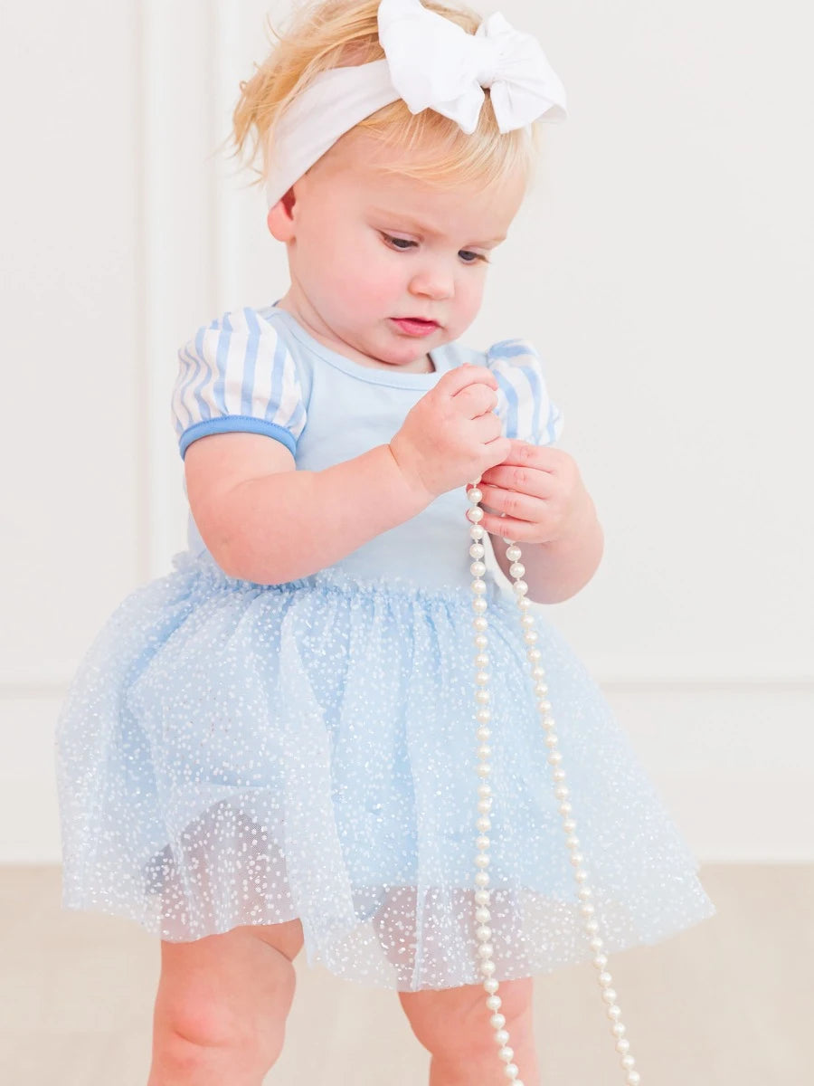 Crystal Blue Princess Short Sleeve Princess Bow Twirl Romper