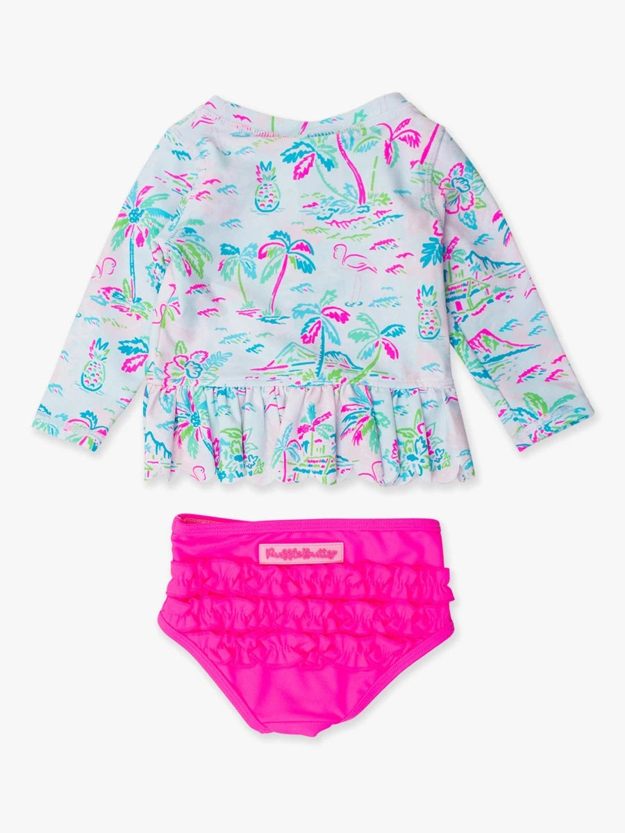 Tropical Resort Scalloped Long Sleeve Rash Guard 2-Piece