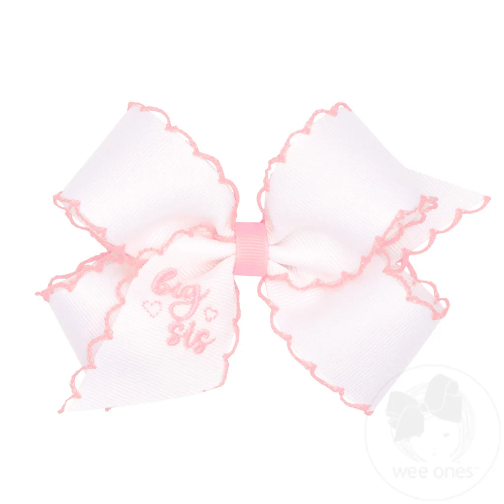 "Big Sis" Embroidered Grosgrain Hair Bow with Light Pink Moonstitch Edge