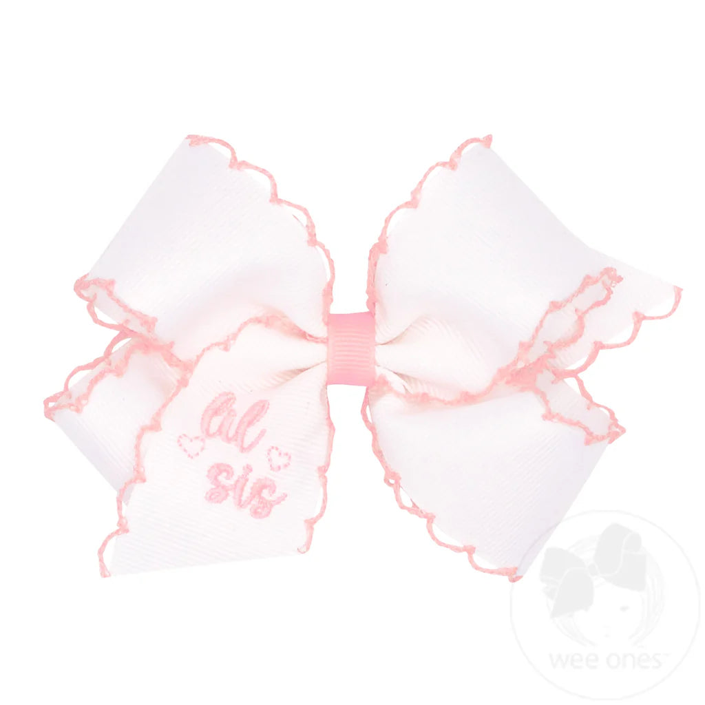 "Lil Sis" Embroidered Grosgrain Hair Bow with Light Pink Moonstitch Edge