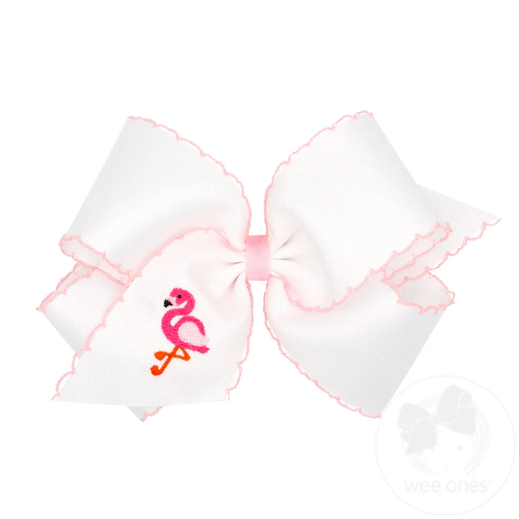 Grosgrain Hair Bow with Moonstitch Edge and Flamingo Embroidery