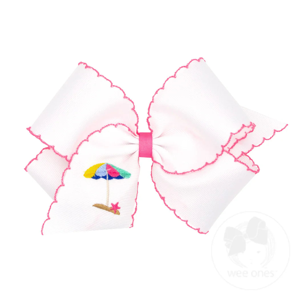 Grosgrain Hair Bow with Moonstitch Edge and Umbrella Embroidery