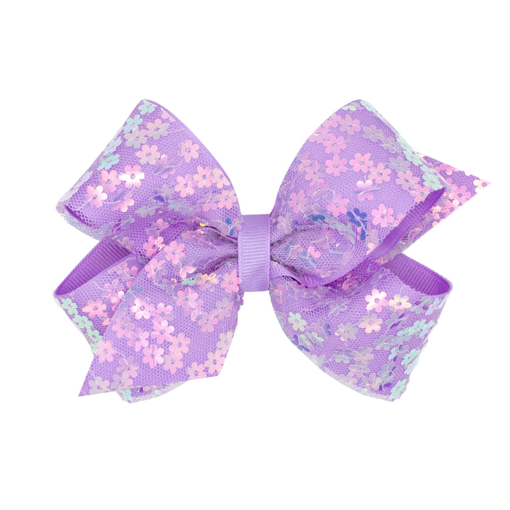 Flower Sequin Tulle Overlay Grosgrain Hair Bow- Purple