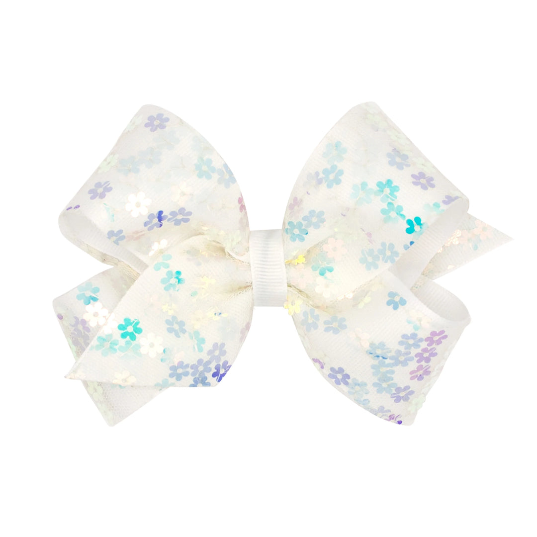 Flower Sequin Tulle Overlay Grosgrain Hair Bow- White