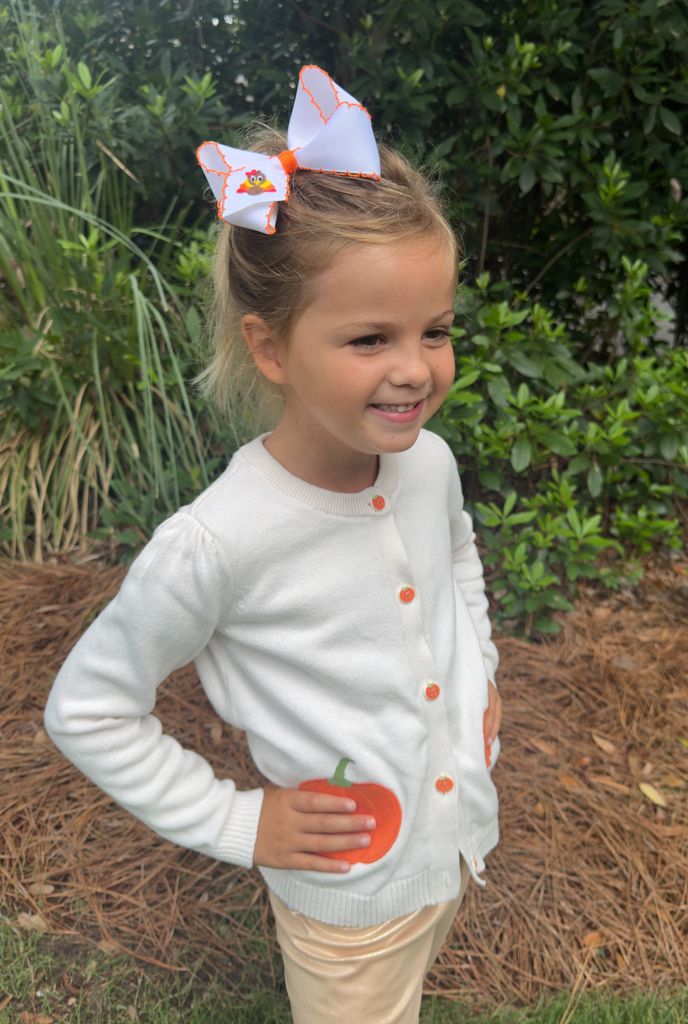 Turkey Harvest Embroidery Grosgrain Hair Bow with Moonstitch Edge