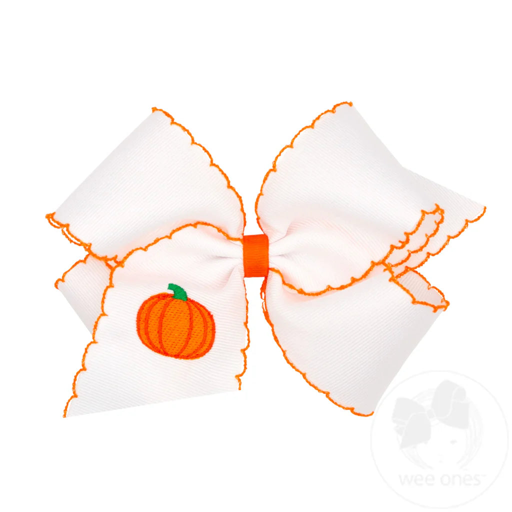 Pumpkin Harvest Embroidery Grosgrain Hair Bow with Moonstitch Edge