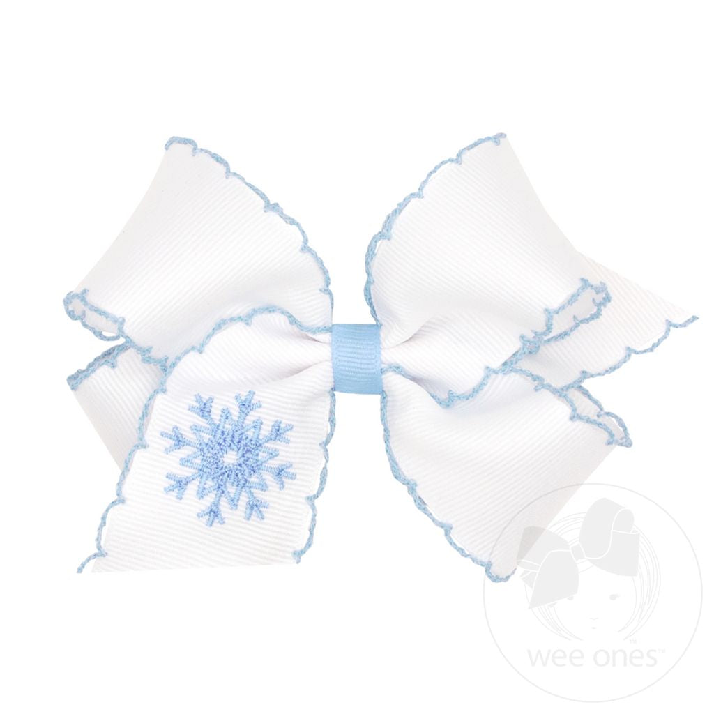 Blue Snowflake Embroidery Grosgrain Hair Bow with Moonstitch Edge and