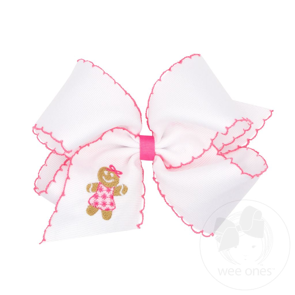 Gingerbread Christmas Embroidery Grosgrain Hair Bow with Moonstitch Edge