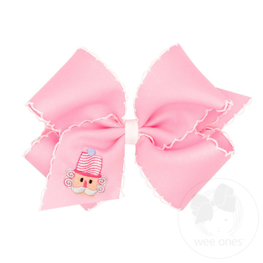 Nutcracker Pink Christmas Embroidery Grosgrain Hair Bow with Moonstitch Edge