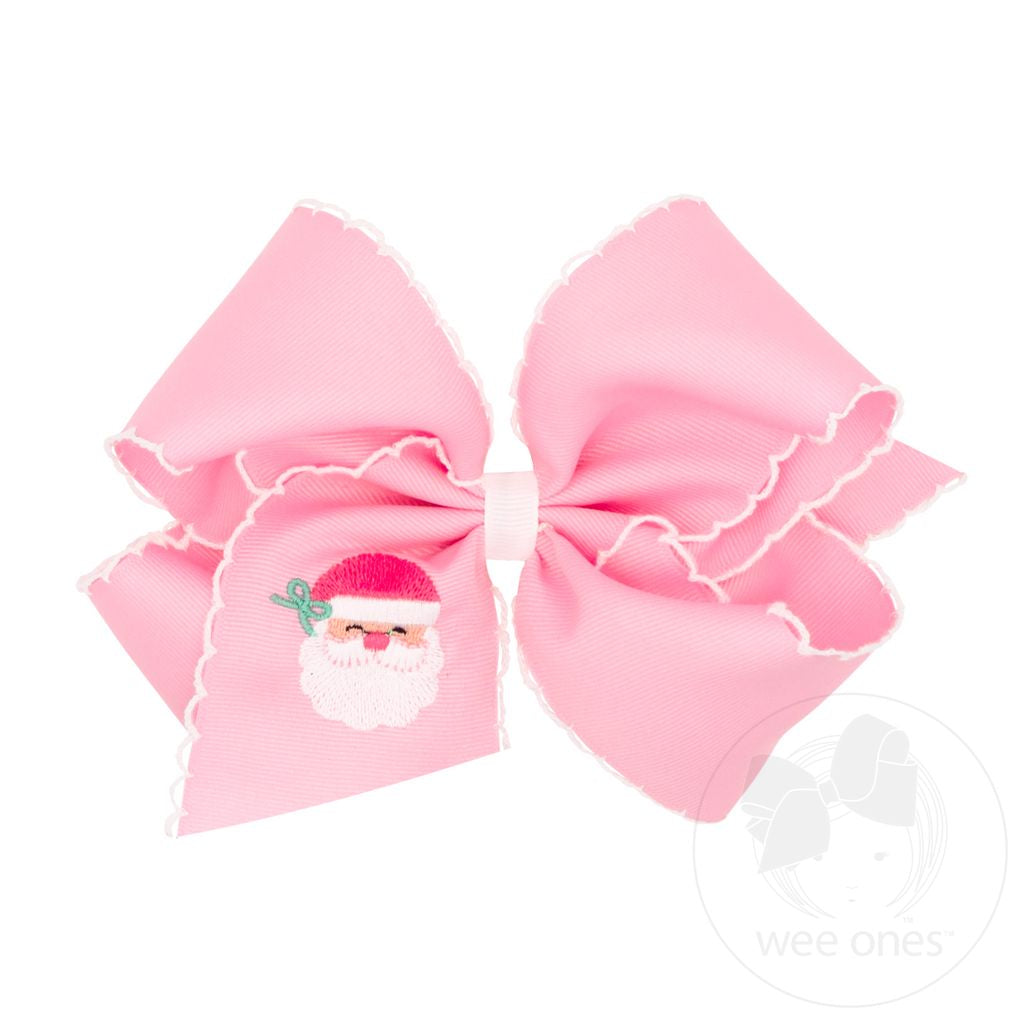 Pink Santa Christmas Embroidery Grosgrain Hair Bow with Moonstitch Edge