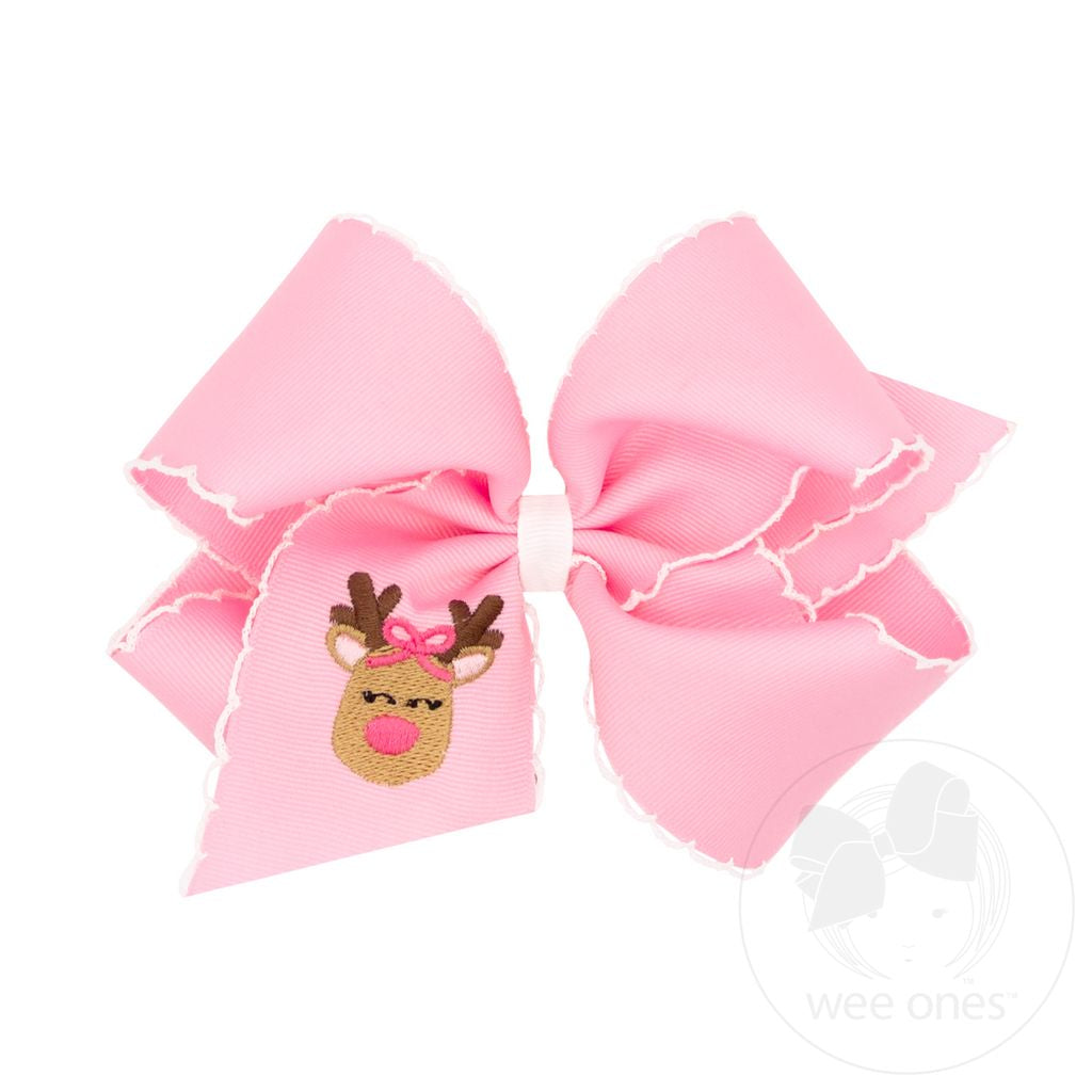 Pink Reindeer Embroidery Grosgrain Hair Bow with Moonstitch Edge