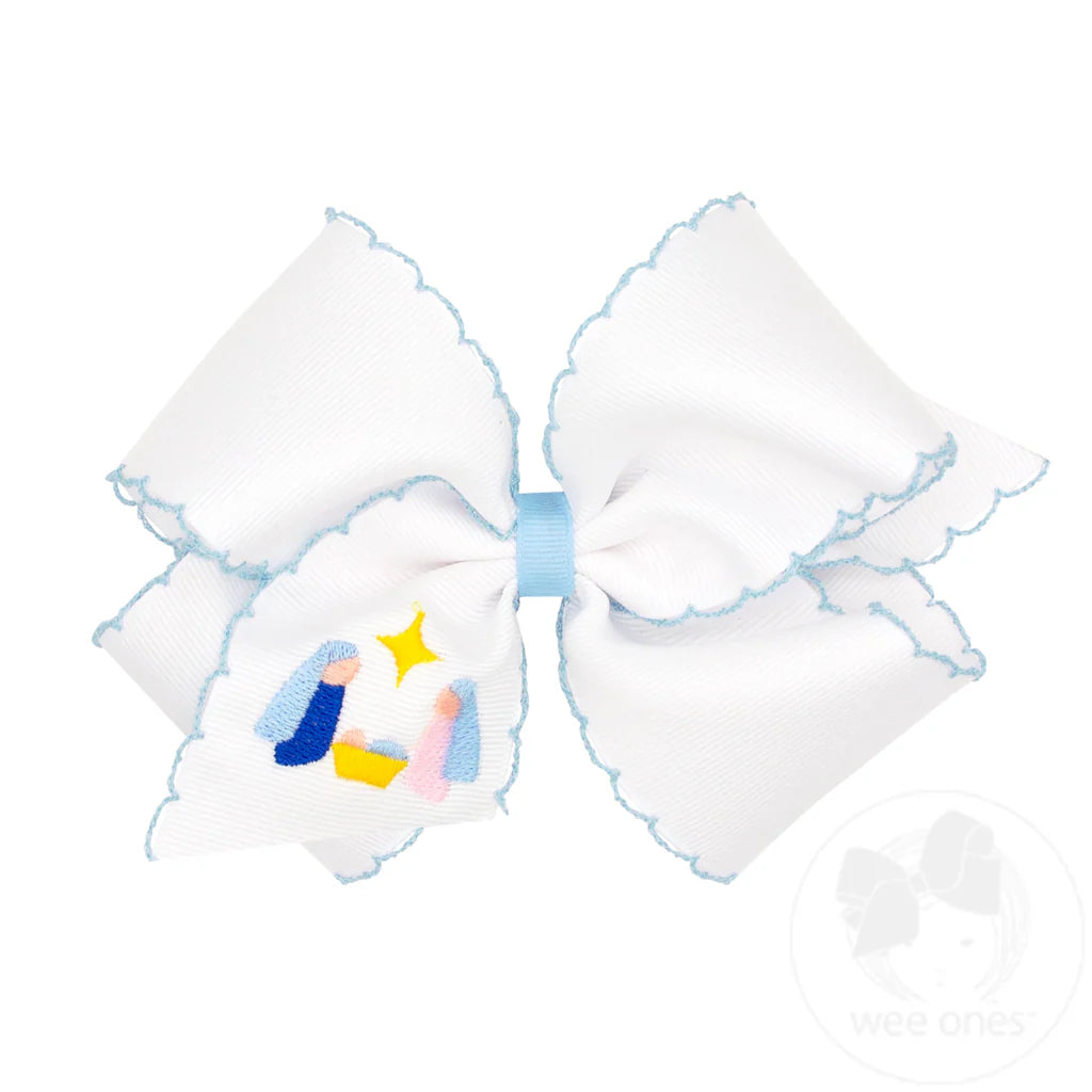 Nativity Embroidery Grosgrain Hair Bow with Moonstitched Edge