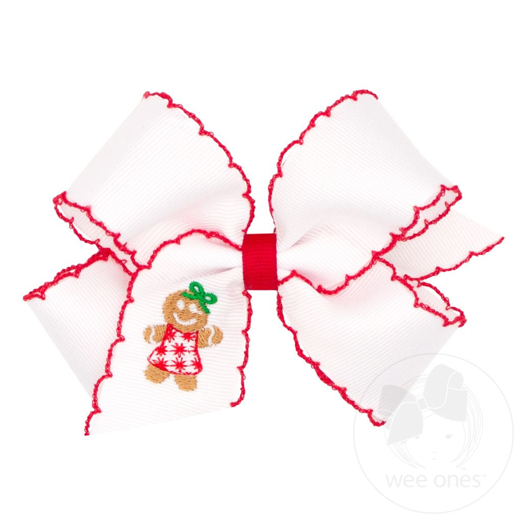 Gingerbread Christmas Embroidery Grosgrain Hair Bow with Red Moonstitch Edge