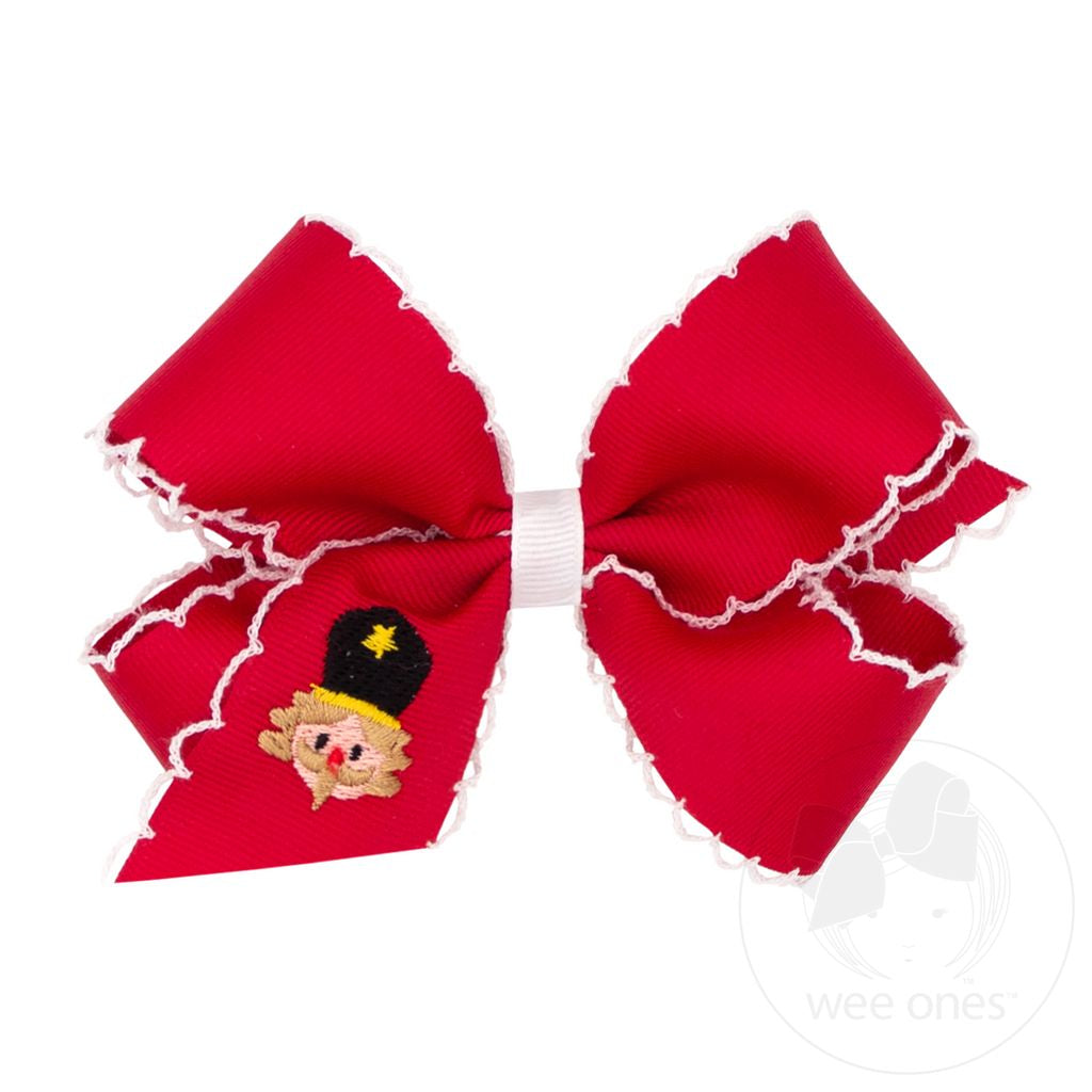 Red Nutcracker Christmas Embroidery Grosgrain Hair Bow with Moonstitch Edge