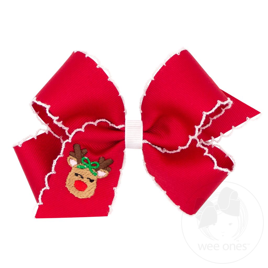 Reindeer Christmas Embroidery Red Grosgrain Hair Bow with Moonstitch Edge