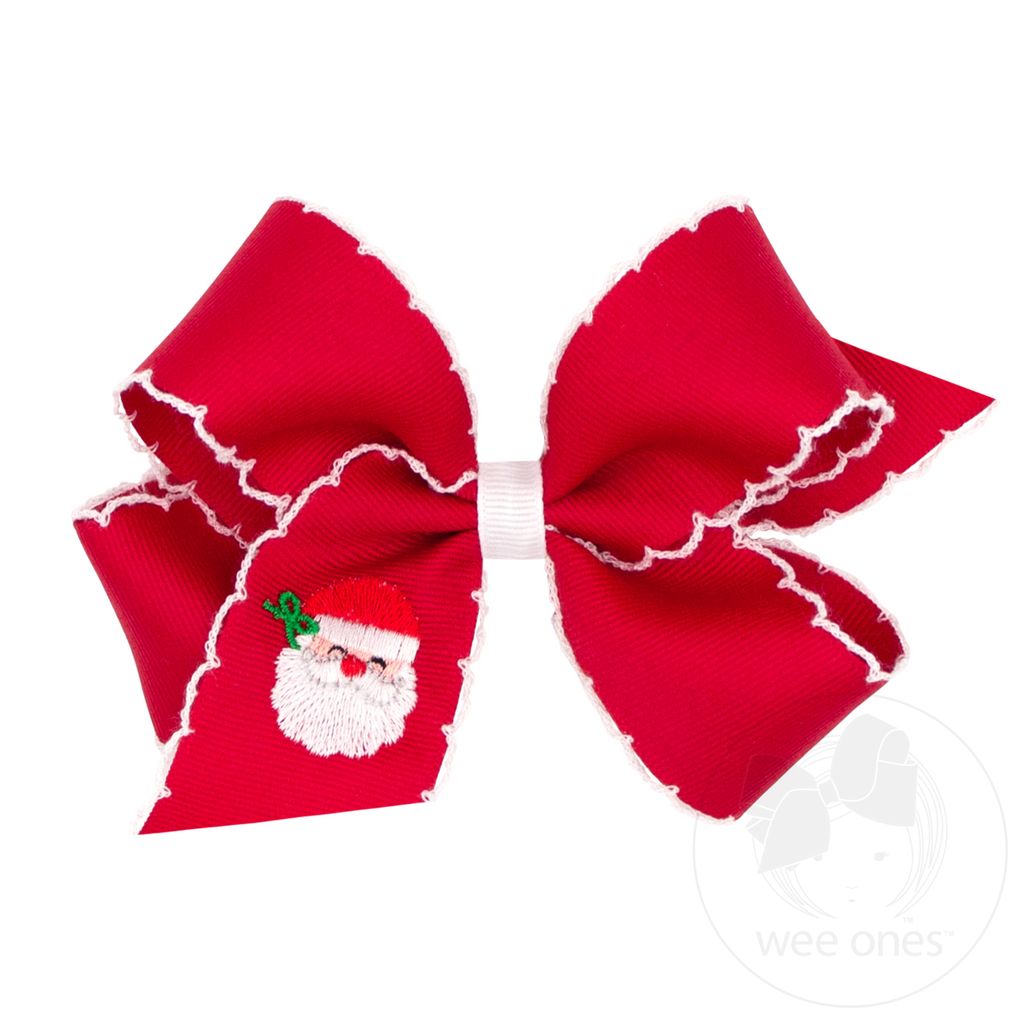 Santa Christmas Embroidery Red Grosgrain Hair Bow with Moonstitch Edge