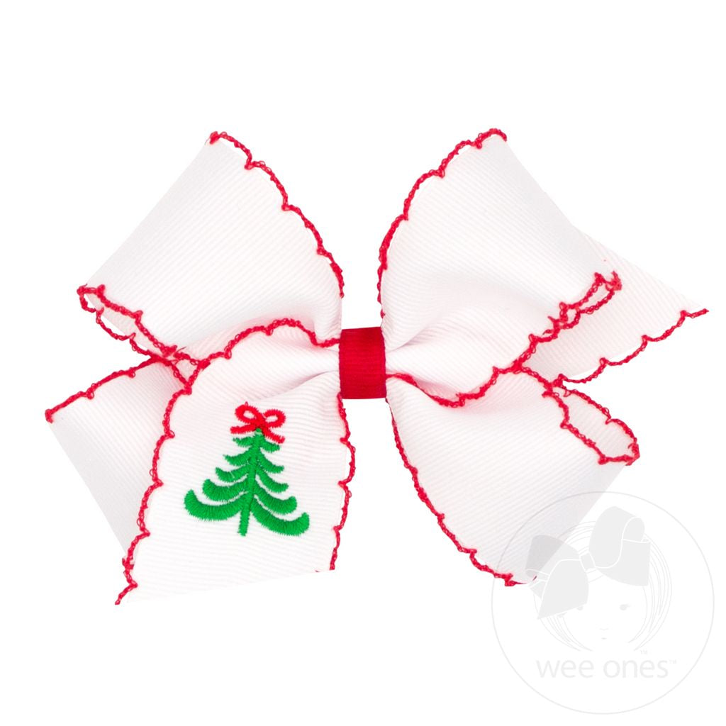 Tree Christmas Embroidery Grosgrain Hair Bow with Red Moonstitch Edge