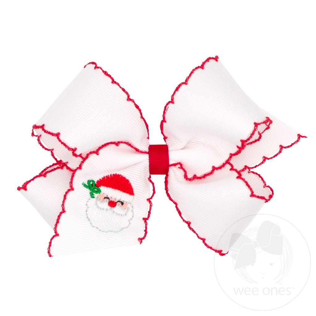Santa Christmas Embroidery Grosgrain Hair Bow with Red Moonstitch Edge