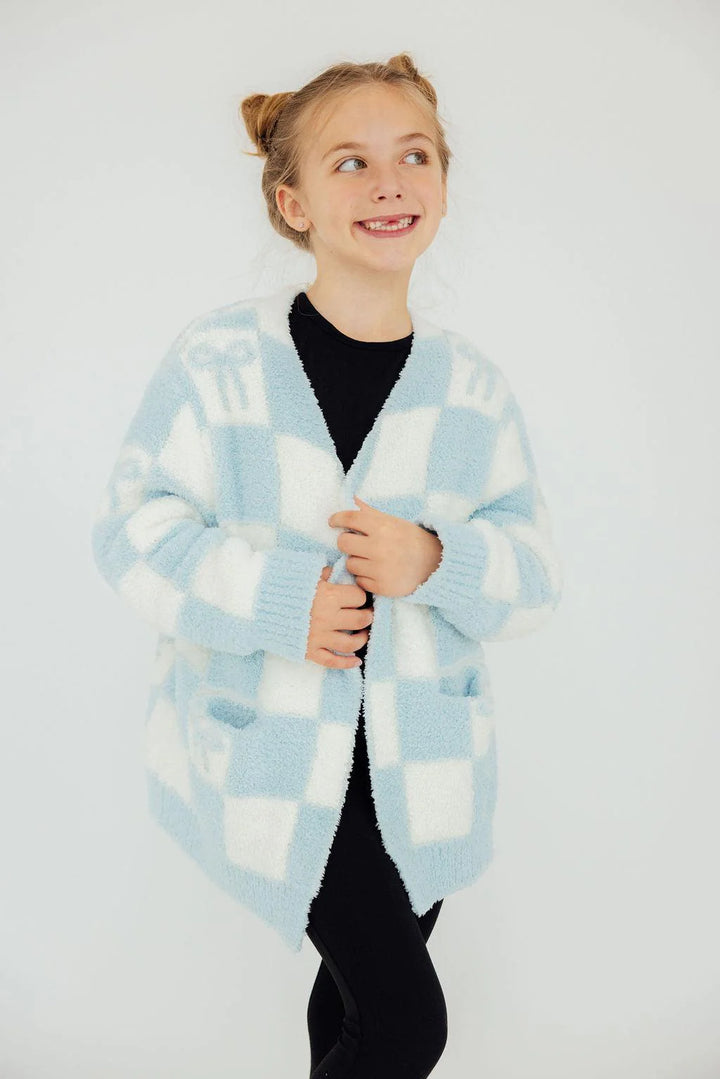 Light Blue Checker Bow Cozy Cardigan