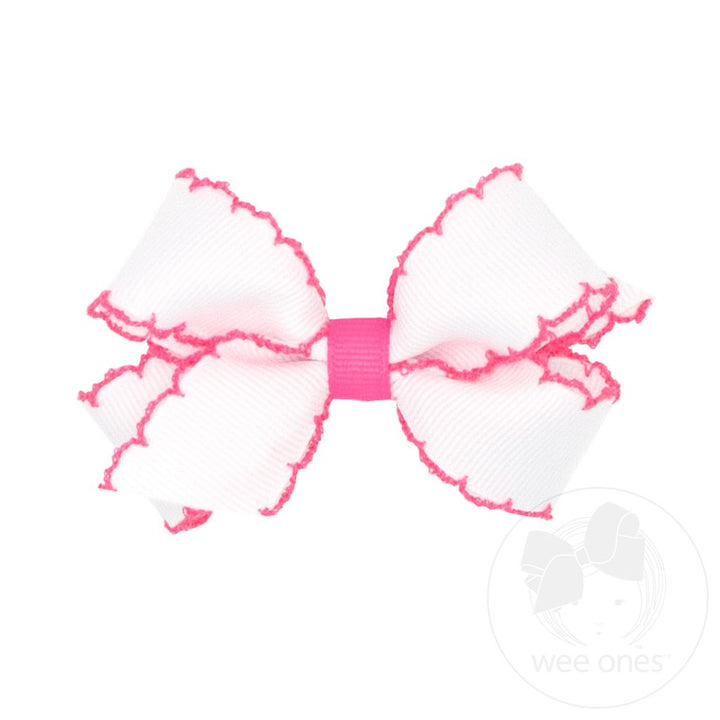 Grosgrain White Hair Bow with Contrasting Wrap Hot Pink Moonstitch