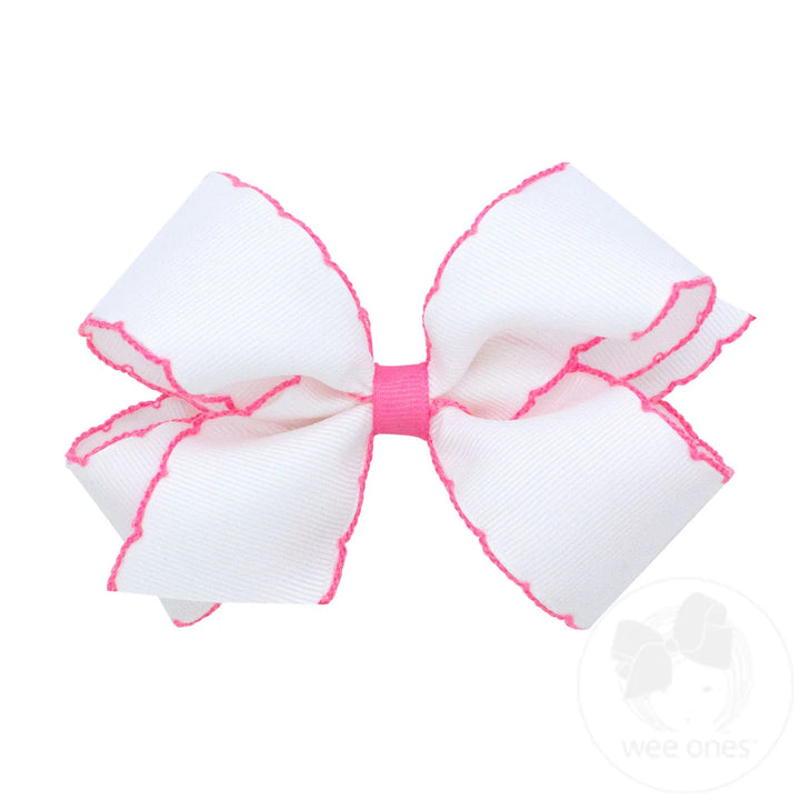 Grosgrain White Hair Bow with Contrasting Wrap Hot Pink Moonstitch