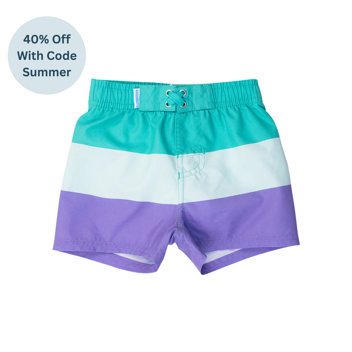 Green Purple Color Block Swim Trunks