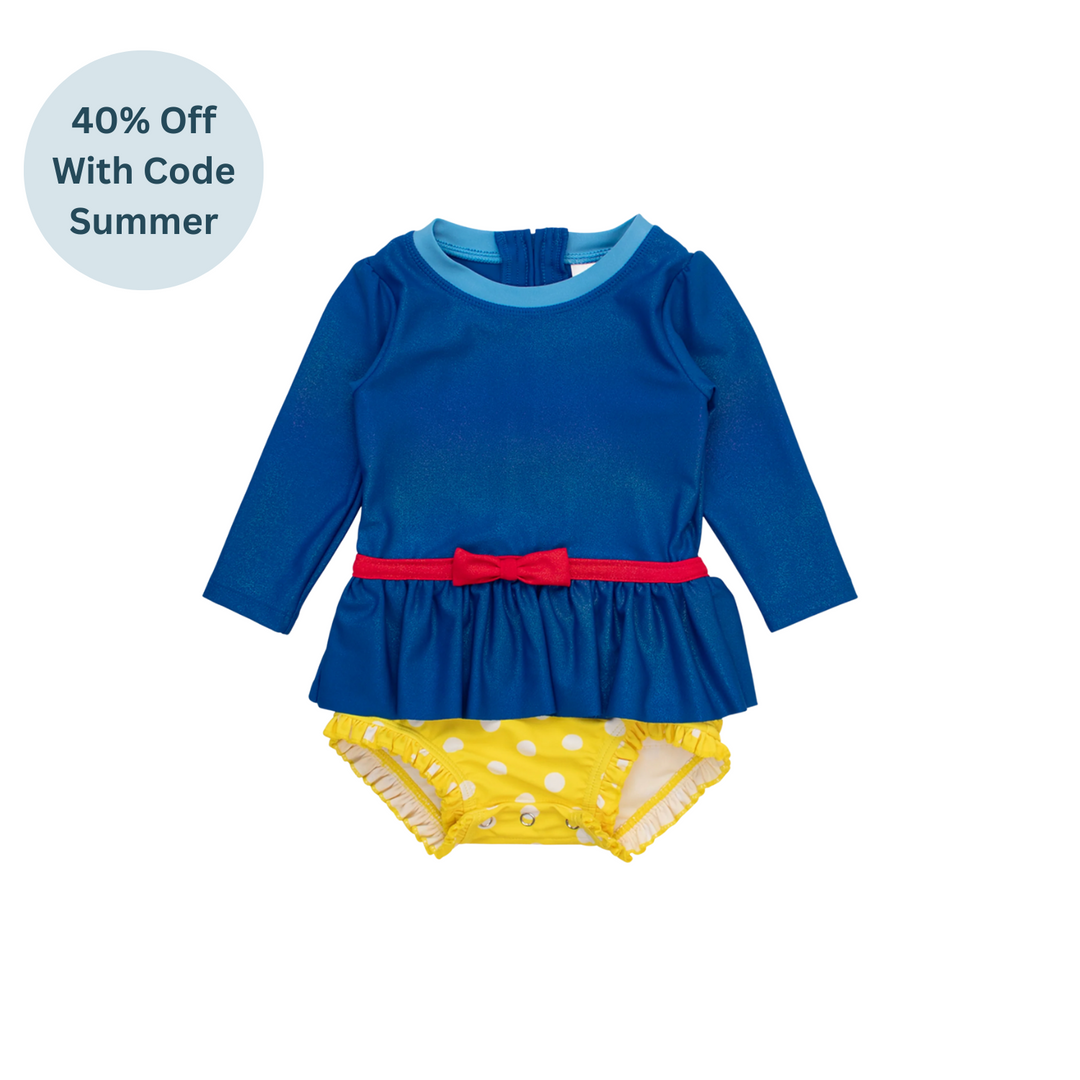 Royal Blue and Yellow Princess Long Sleeve Bow Skirted One Piece