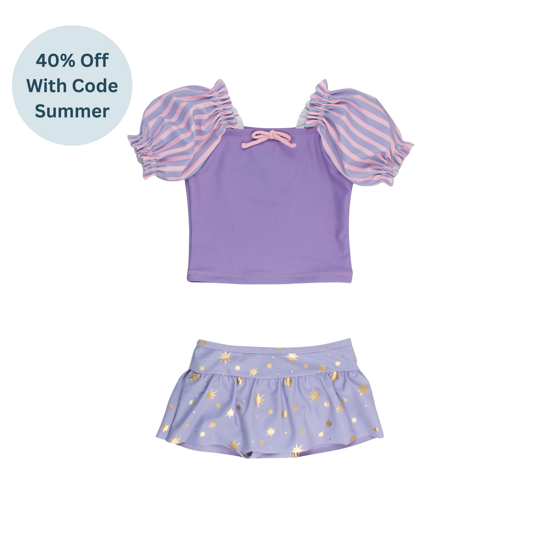 Amethyst Princess Puff Sleeve Skirted Swim 2-Piece