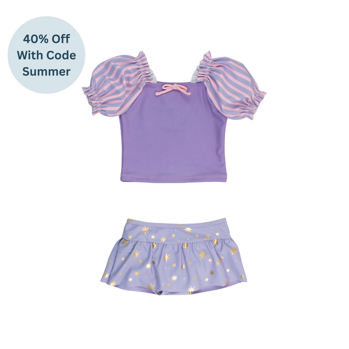 Amethyst Princess Puff Sleeve Skirted Swim 2-Piece