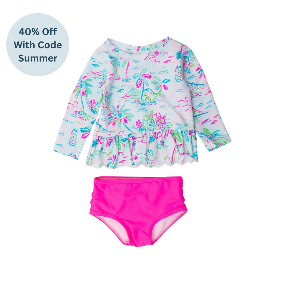 Tropical Resort Scalloped Long Sleeve Rash Guard 2-Piece