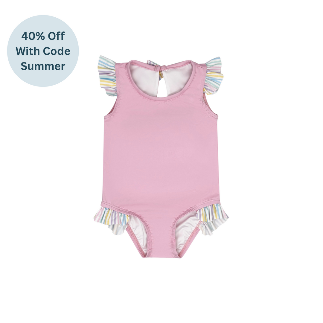 Lottie Swimsuit - Poolside Pink, Petunia Pinstripe