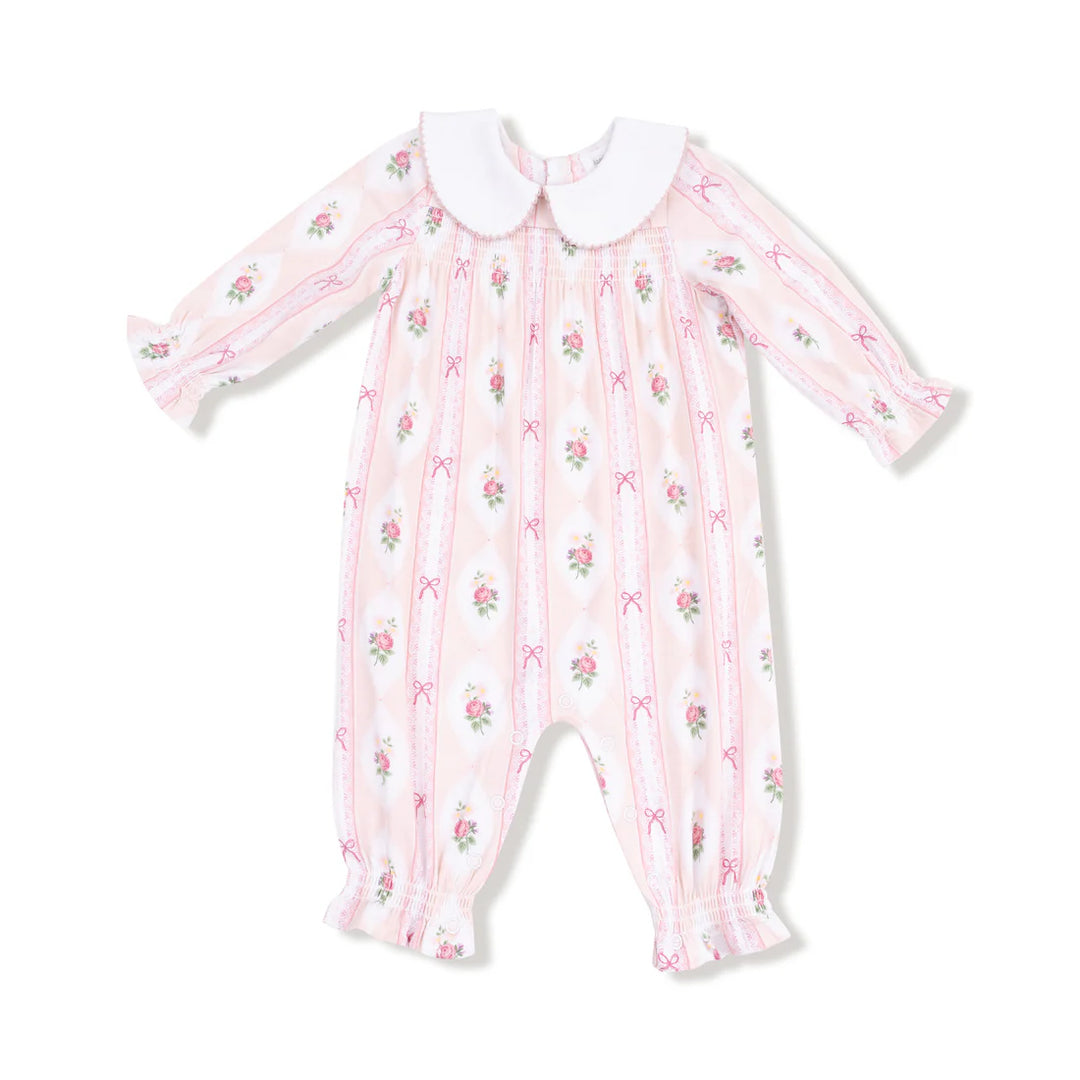 Ogee Lace Floral  Smocked Long Sleeve Romper with Peter Pan Collar