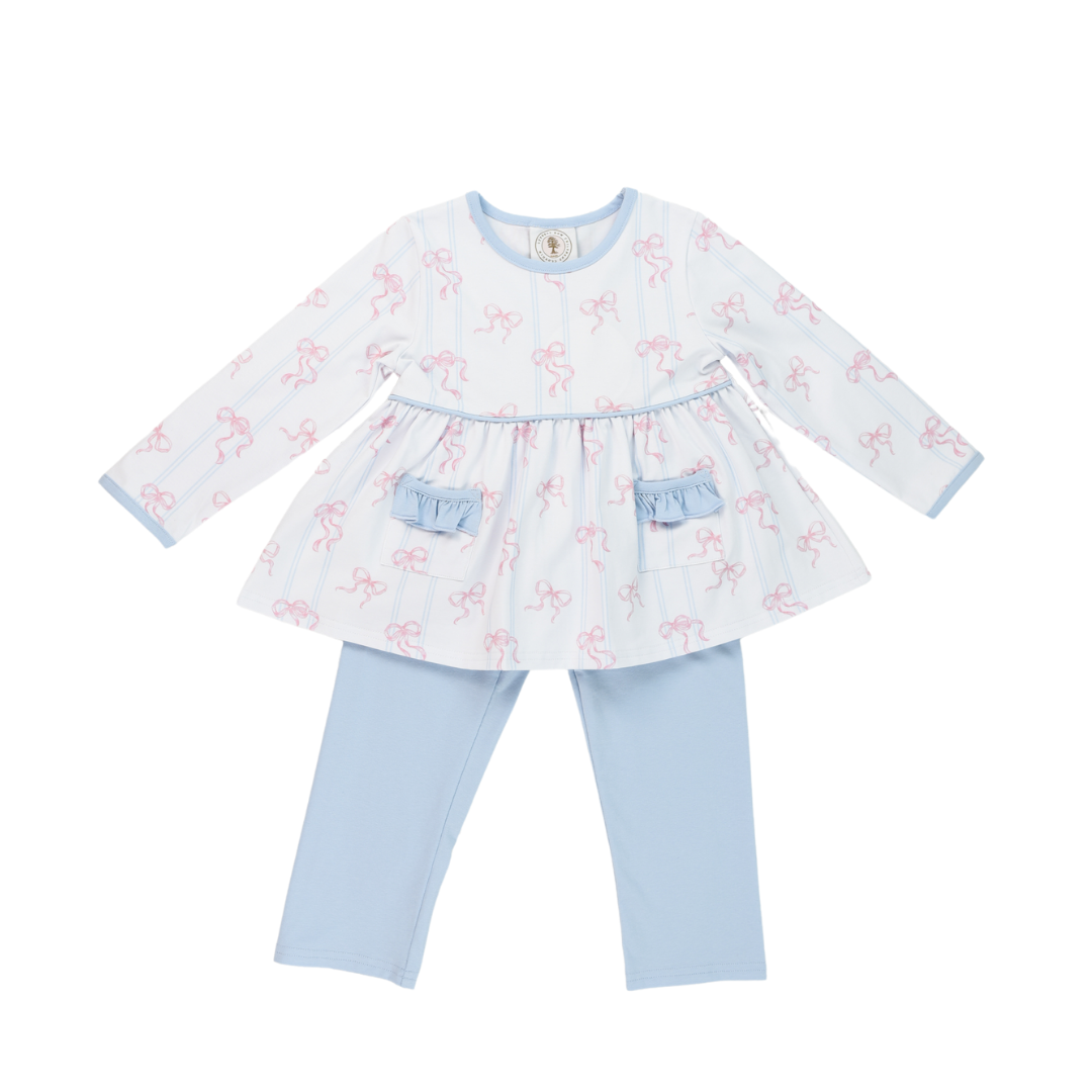 Toddler girls long sleeve tunic with white top with ruffle trim pockets and bow design complete with blue leggings
