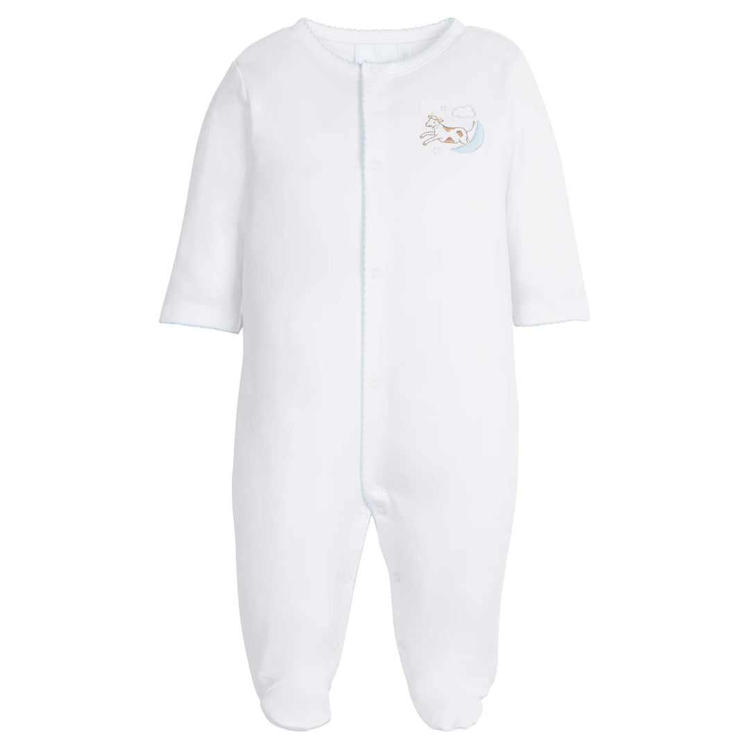 Embroidered Footie- Blue Cow Jumping Over the Moon