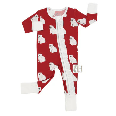 Girls Ruffle Red Bulldog Zipper Romper