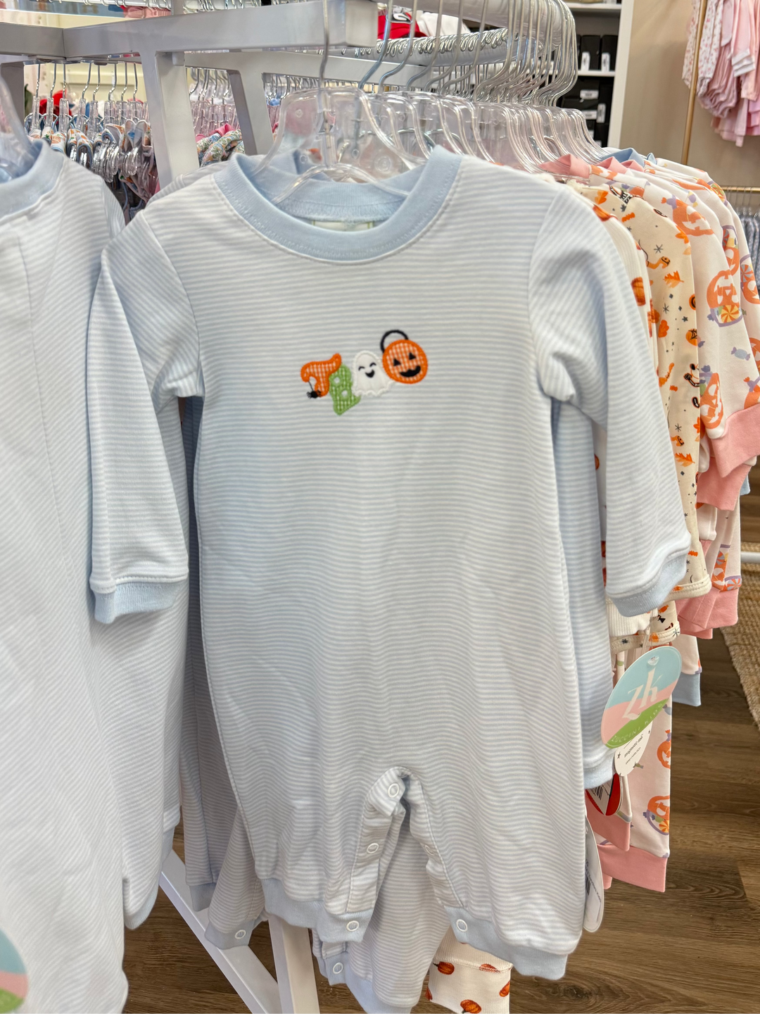 Knit baby boy romper for halloween with boo appliqué