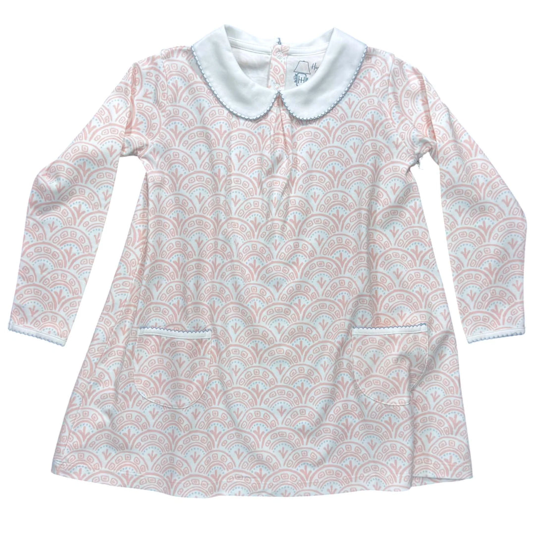 Pink Scallop Twirling Pocket Long Sleeve Dress