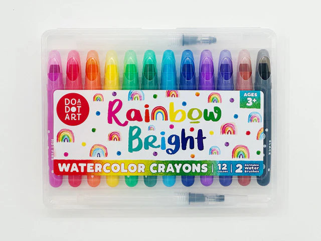 Rainbow Bright Watercolor Crayons- Set of 12 with 2 Refillable Water Brushes