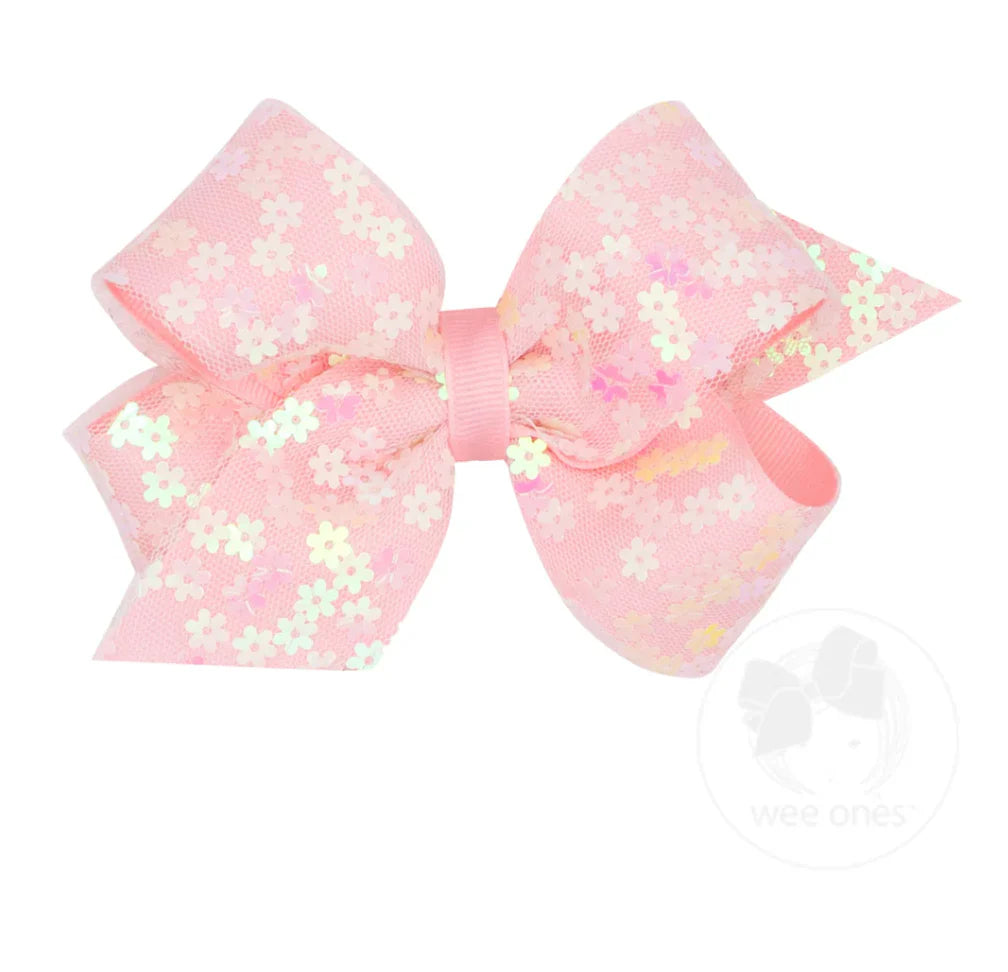 Flower Sequin Tulle Overlay Grosgrain Hair Bow- Light Pink