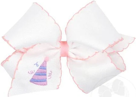 Birthday Party Hat Embroidered Grosgrain Hair Bow with Moonstitch Edge