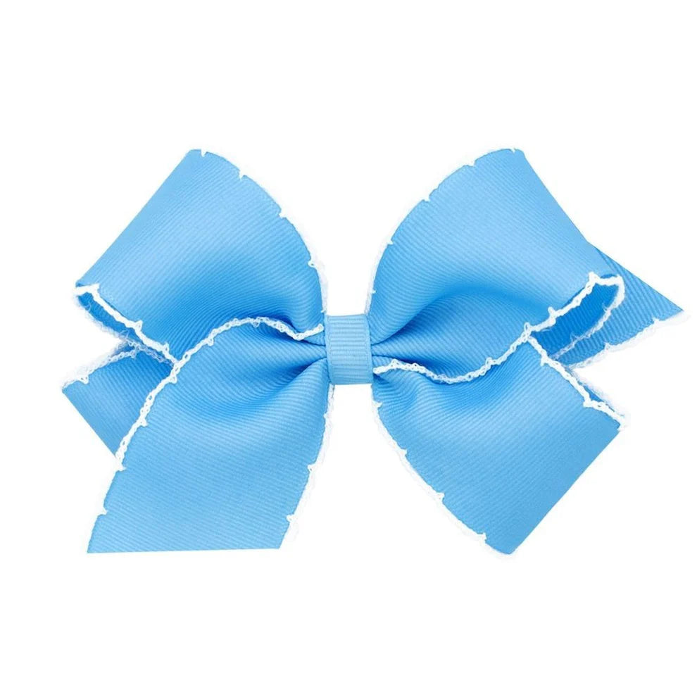 Grosgrain Millennium Blue Hair Bow with white Moonstitch