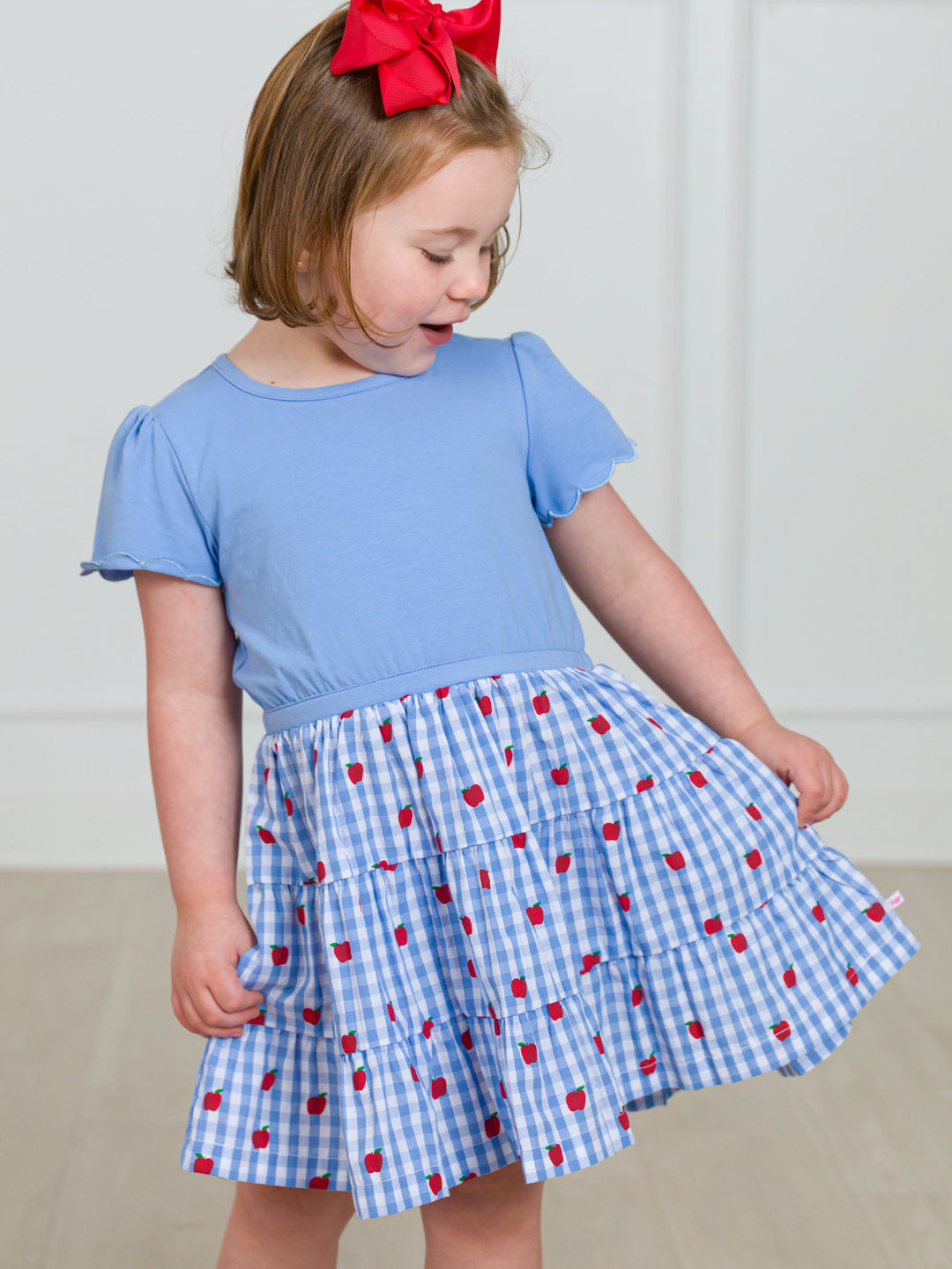 Apple Orchard Mixed Media Short Sleeve Tiered Dress