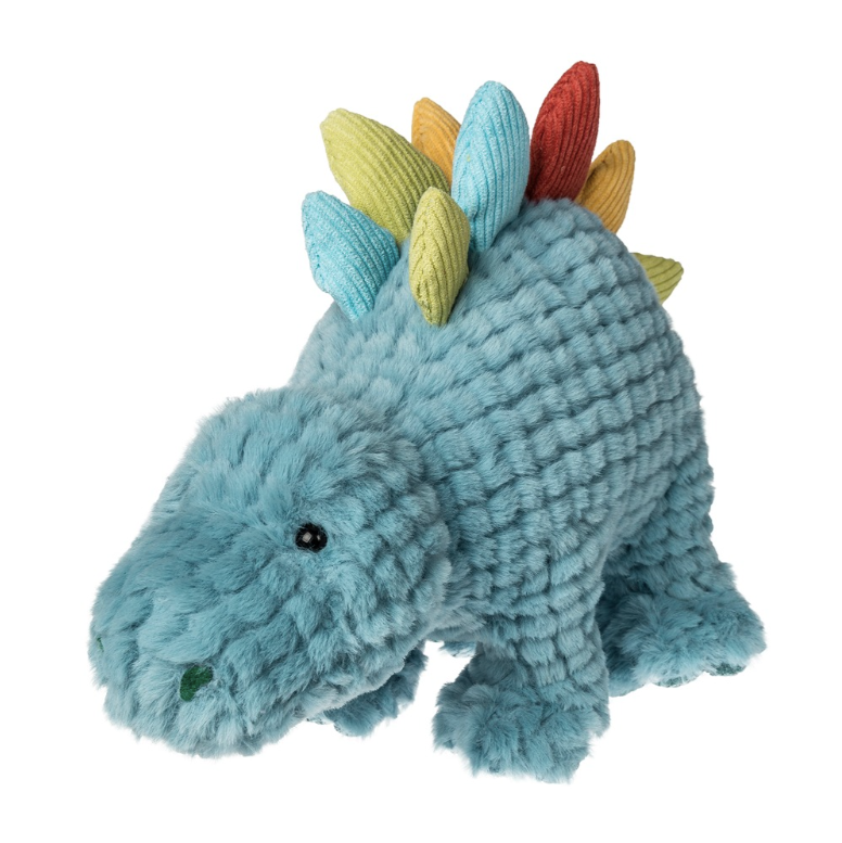 Mary Meyer 14-inch Fabfuzz Checkers Stegosaurus stuffed animal and Sweet Soothie Ice Cream Teether Rattle displayed together on a soft nursery blanket at Cuddles and Carriages in Evans, Georgia