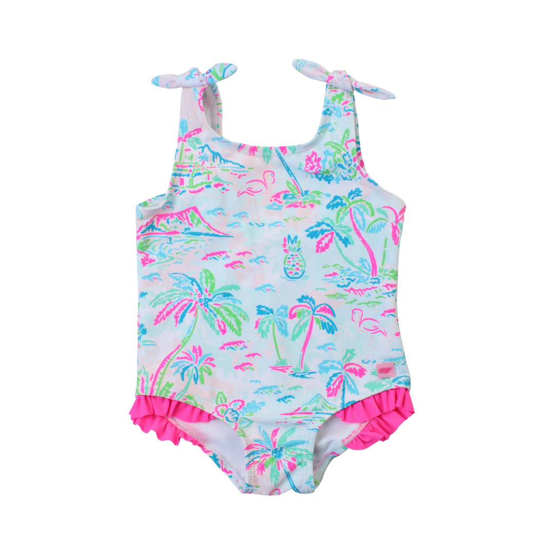 Ruffle Butts girls' swimwear and summer styles including the Tropical Resort Tie Shoulder One Piece and Terry Cover-Up Romper, available at Cuddles and Carriages in Evans, Georgia