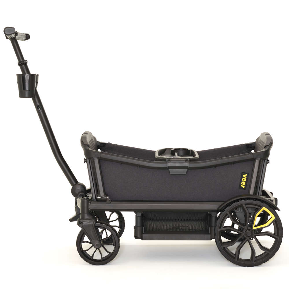 Veer Cruiser XL 4-seater all-terrain stroller wagon in gray, folded-friendly aluminum frame with knobby off-road tires