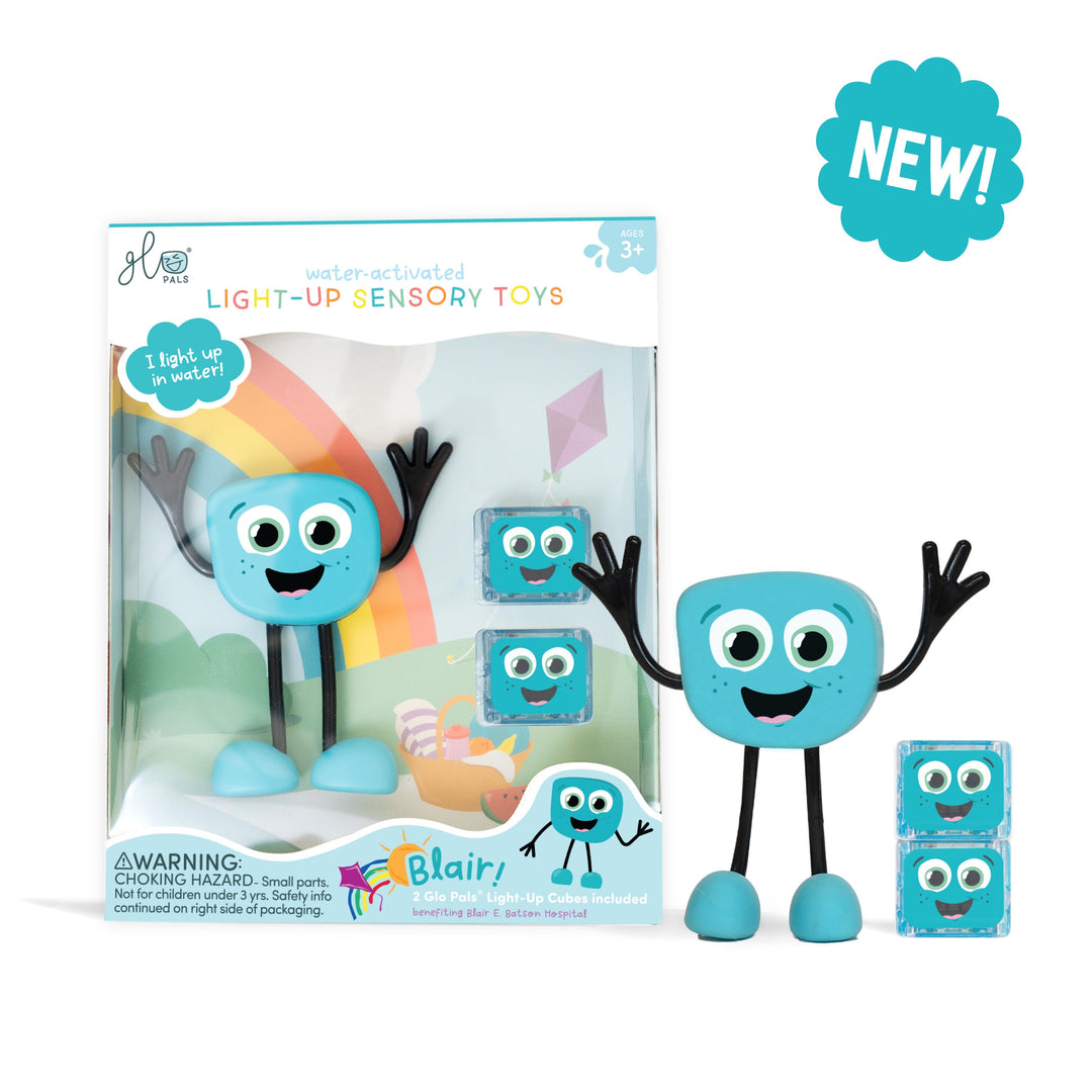 Glo Pals light-up bath toy characters glowing in a bubble bath, with colorful Blue Blair, Purple Lumi, and Green Pippa figures illuminated in the water