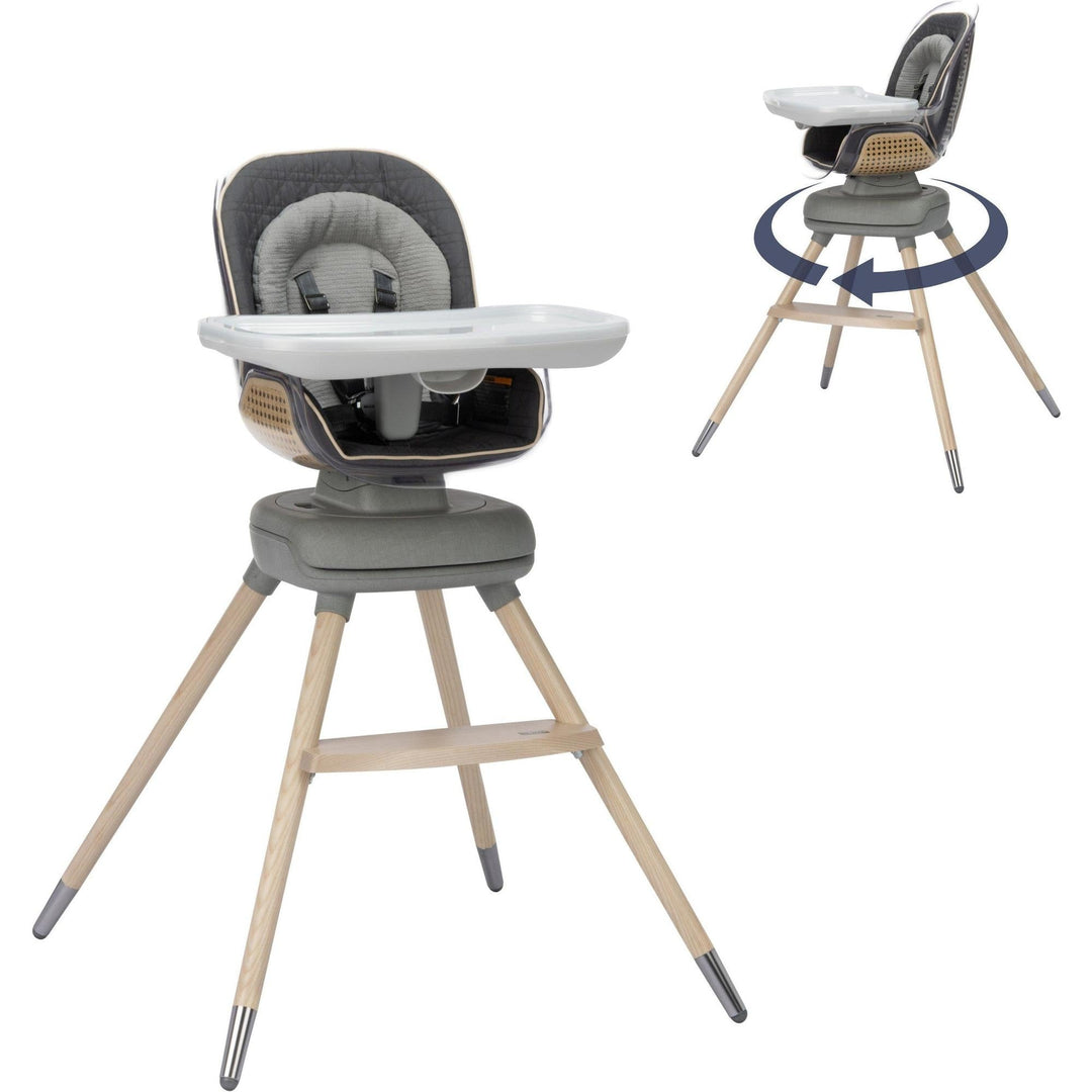 Maxi-Cosi Kindred Kiskadee 360 Rotating High Chair in Onyx Heritage with tapered ash-wood legs