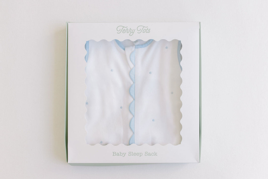 Terry Tots Embroidered Dots Sleep Sack in white Egyptian cotton with pink hand-embroidered dots and scallop trim, displayed in its elegant gift box at Cuddles and Carriages in Evans, Georgia