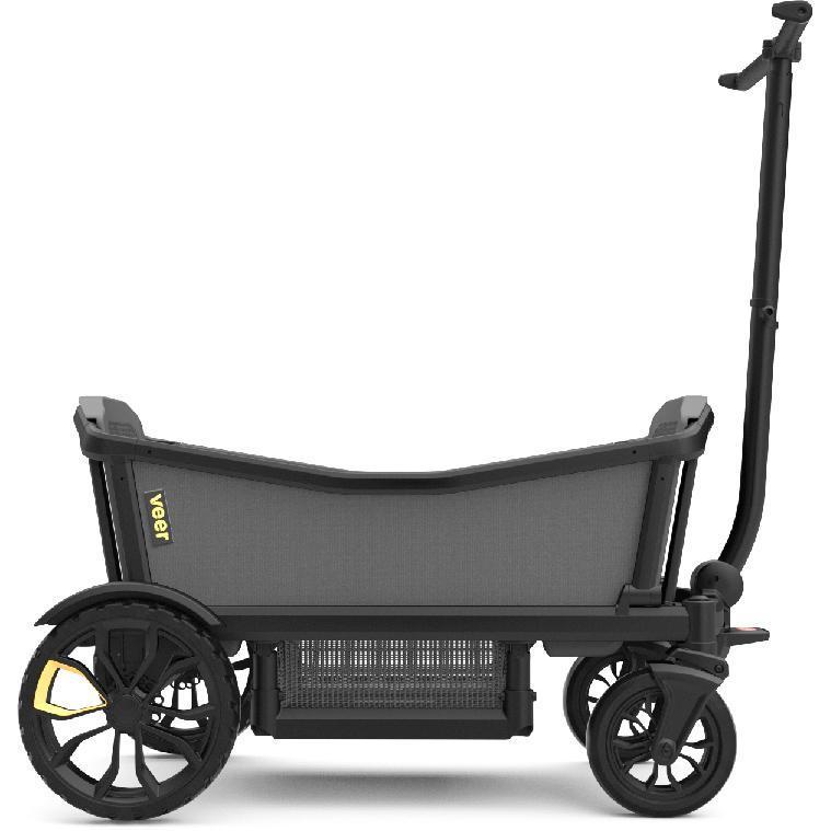 Veer Cruiser all-terrain wagon in gray with two child seats, folded and in-use views